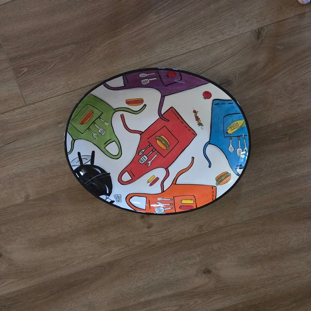Clay Art Grill Time Hand Painted Ceramic Oval Serving Platter BBQ Aprons Multi